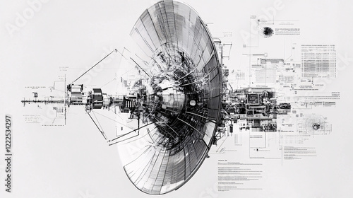 Fototapeta Naklejka Na Ścianę i Meble -  Detailed schematic of a spacecraft antenna with technical diagrams and abstract overlays on a white background	