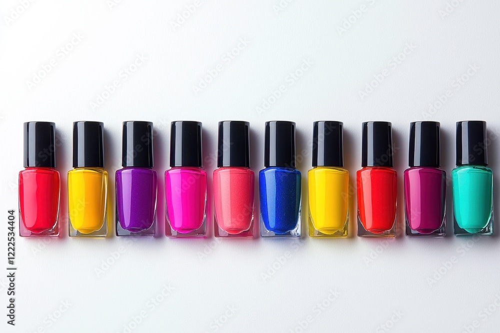 Colorful nail polishes displayed in a row beauty showcase tranquil studio environment aesthetic viewpoint for nail art inspiration Colorful nail polishes displayed in a row beauty showcase tranquil studio environment aesthetic viewpoint for nail art inspiration