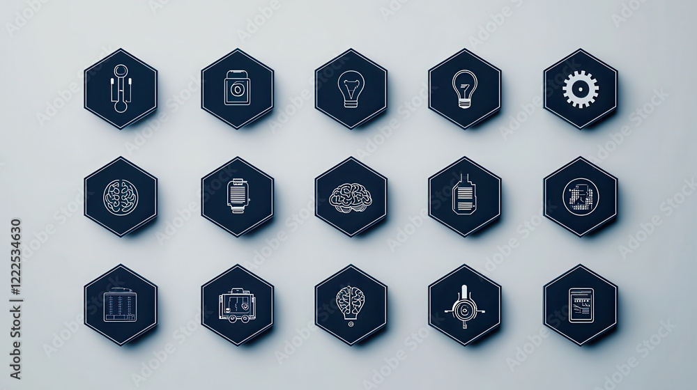 Naklejka premium Minimalist style icons representing technology, creativity, and innovation. design features hexagonal shapes with line art illustrations, conveying modern aesthetic