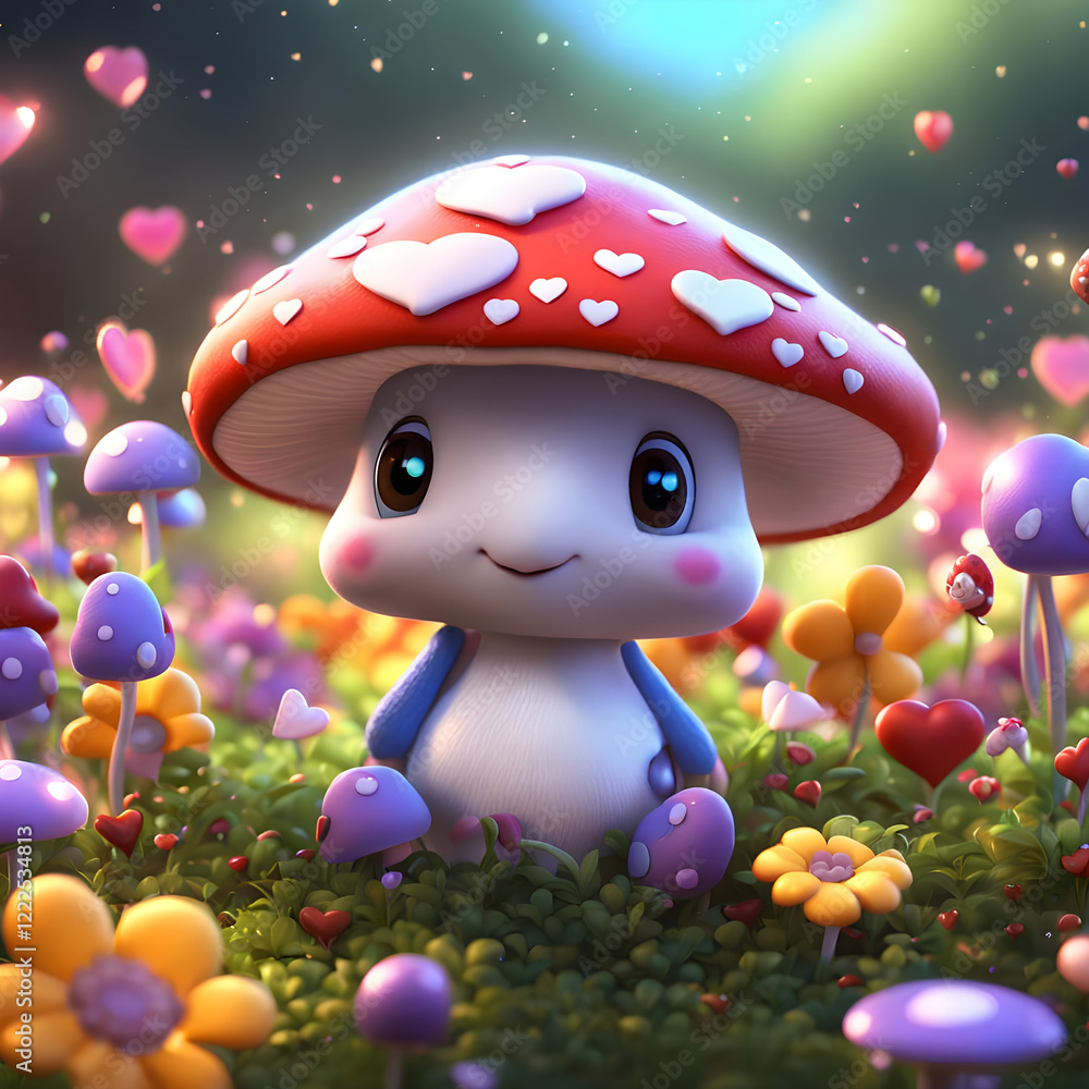 A cheerful cartoon mushroom with a blue cap adorned with hearts stands in a whimsical forest surrounded by colorful heart-shaped mushrooms, Valentine's Day card