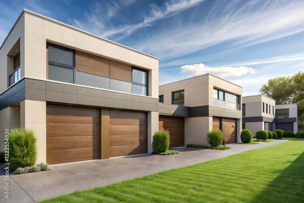 Modern Architectural Design of Suburban Homes with Attached Garages and Lush Green Lawns Modern Architectural Design of Suburban Homes with Attached Garages and Lush Green Lawns