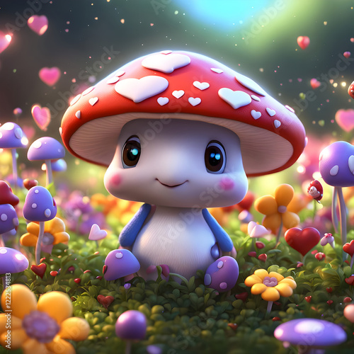 Obraz na płótnie A cheerful cartoon mushroom with a blue cap adorned with hearts stands in a whimsical forest surrounded by colorful heart-shaped mushrooms, Valentine's Day card w salonie