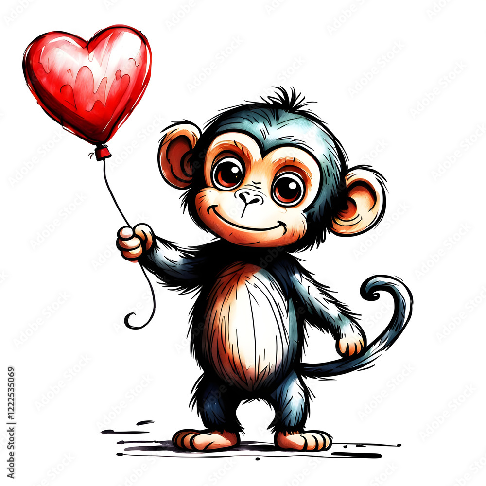 Monkey with Heart Balloon, Valentine's Day card