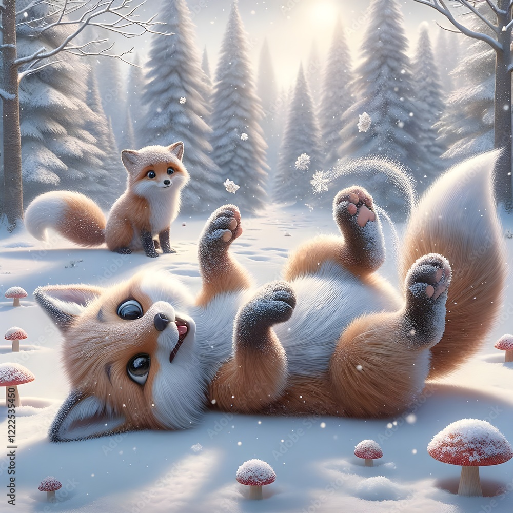 Foxes playing in the white snow, in the forest
