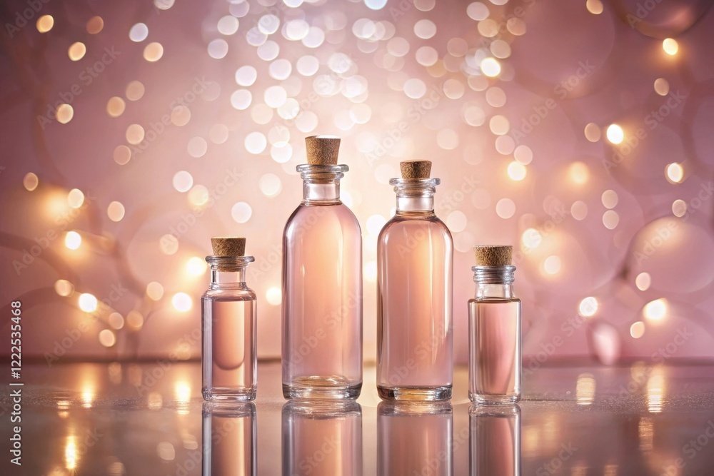 Elegant Glass Bottles with Pink Liquid on Reflective Surface, Illuminated by Festive Lights Elegant Glass Bottles with Pink Liquid on Reflective Surface, Illuminated by Festive Lights