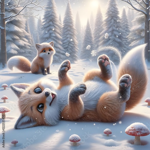 Obraz na płótnie Foxes playing in the white snow, in the forest w salonie