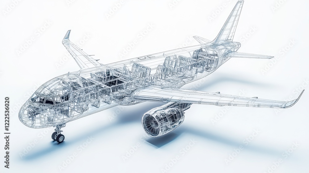 custom made wallpaper toronto digitalDetailed Wireframe Airplane Design, Full View, Isolated on White Background.