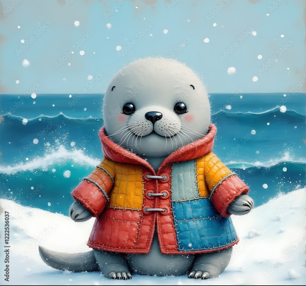 Cozy Seal in a Colorful Coat in winter landscape
