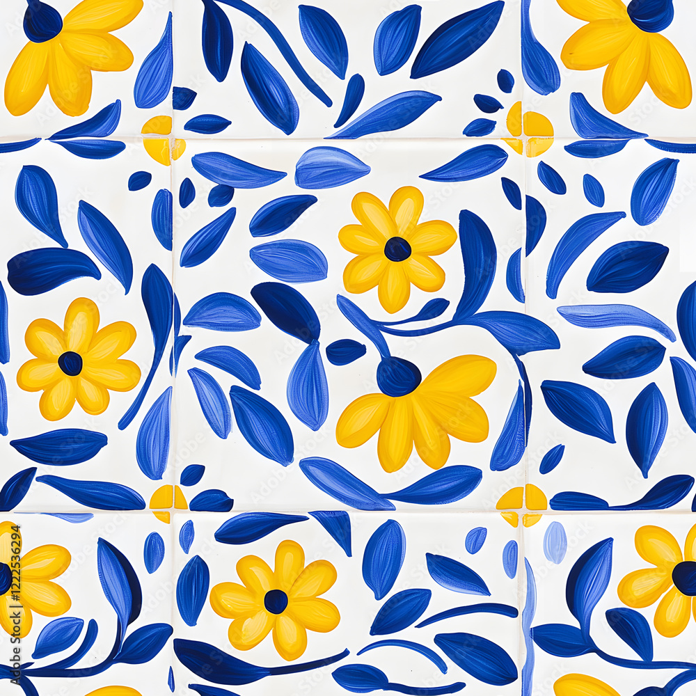 Fototapeta premium Rustic blue and yellow tile watercolor seamless pattern. Pattern of azulejos tiles