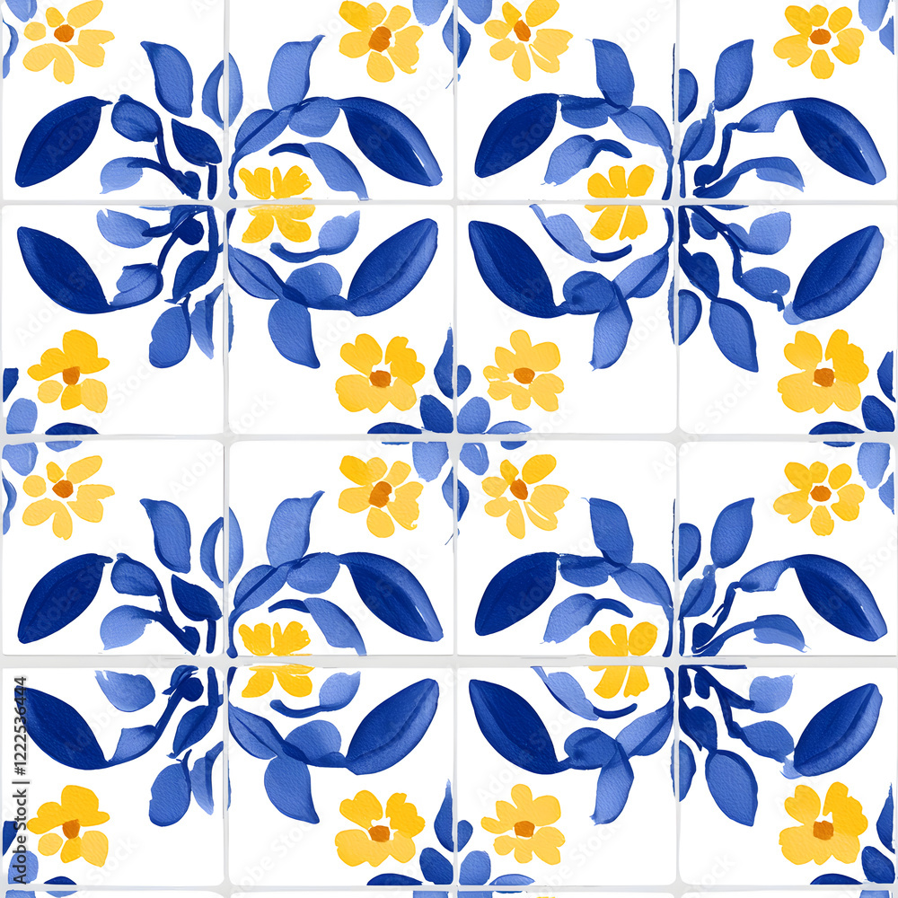 Fototapeta premium Rustic blue and yellow tile watercolor seamless pattern. Pattern of azulejos tiles 