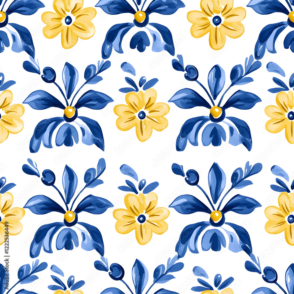 Fototapeta premium Rustic blue and yellow tile watercolor seamless pattern. Pattern of azulejos tiles 