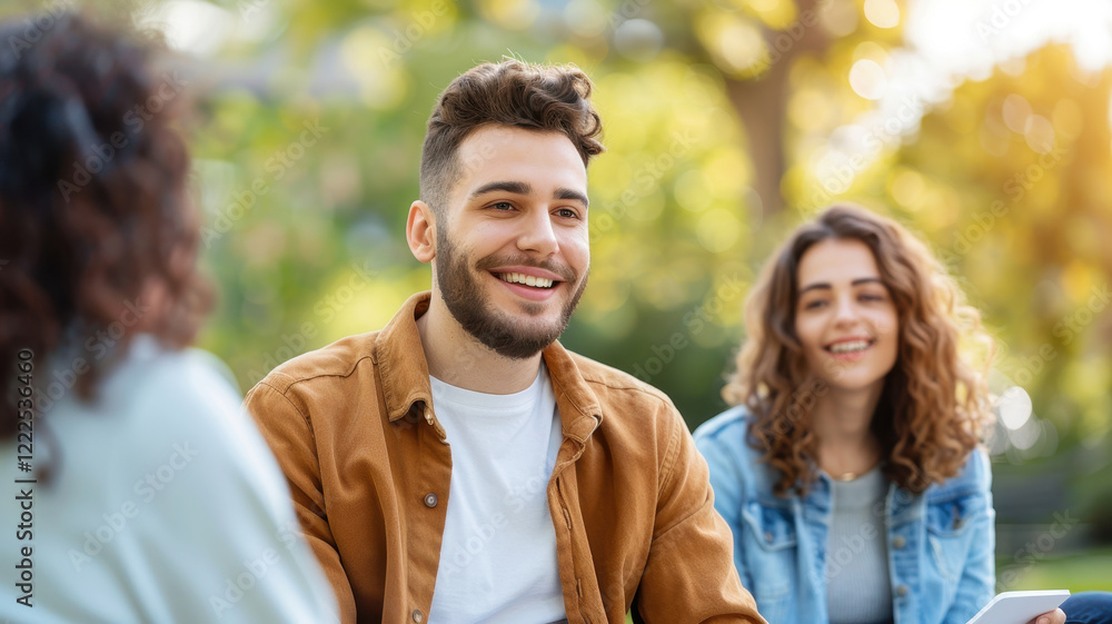 young man smiling warmly during group therapy session outdoors, surrounded by supportive individuals in serene park setting young man smiling warmly during group therapy session outdoors, surrounded by supportive individuals in serene park setting