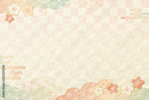 春の桜と和柄 和紙の背景 市松模様	
