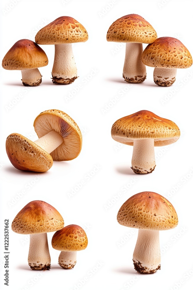 Mushrooms displayed from various angles white background photography Mushrooms displayed from various angles white background photography