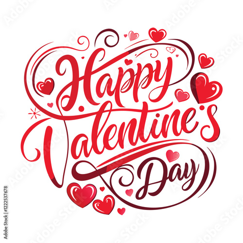 Happy Valentine's Day Calligraphy Design Red Hearts Romantic Typography Festive Greeting Card Illustration