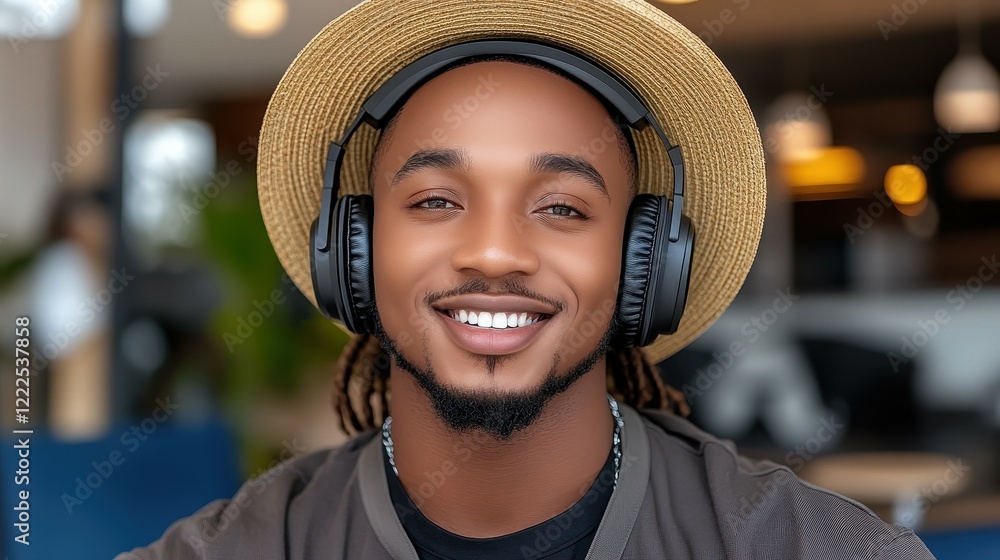 A man with braided hair smiles while wearing a straw hat and headphones. He is seated at a table in a contemporary cafe, immersed in music and enjoying the atmosphere A man with braided hair smiles while wearing a straw hat and headphones. He is seated at a table in a contemporary cafe, immersed in music and enjoying the atmosphere