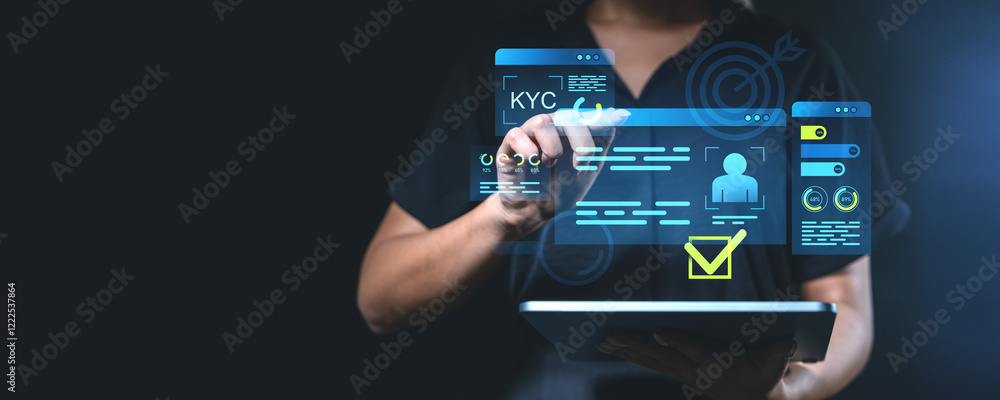 Obraz premium Digital KYC process interface with person interacting on tablet.