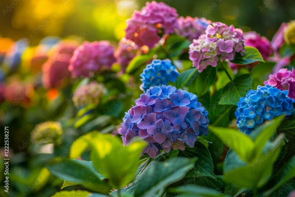 Vibrant hydrangea flowers creating a colorful display in a garden bathed in the warm glow of sunset Vibrant hydrangea flowers creating a colorful display in a garden bathed in the warm glow of sunset