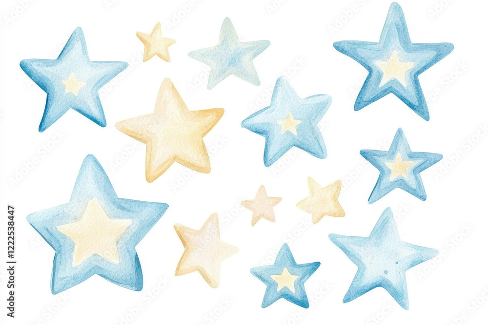 A collection of watercolor stars in soft blue and cream tones, perfect for adding a whimsical touch to any project. A collection of watercolor stars in soft blue and cream tones, perfect for adding a whimsical touch to any project.
