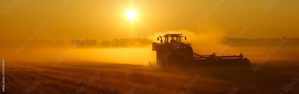Obraz premium Sunset silhouette of tractor plowing field in golden dusty glow.