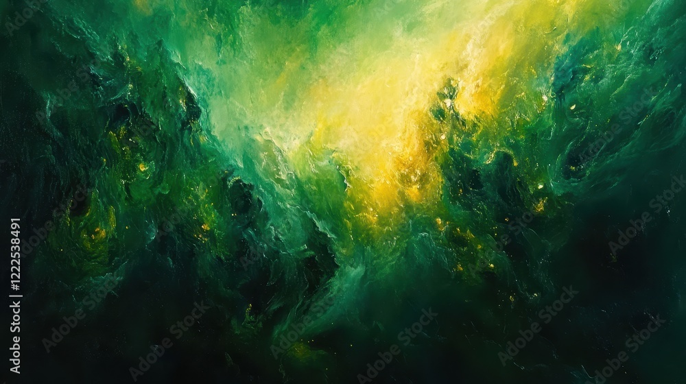 Abstract Swirls of Emerald Green and Golden Light, Cosmic Nebula Texture. Abstract Swirls of Emerald Green and Golden Light, Cosmic Nebula Texture.