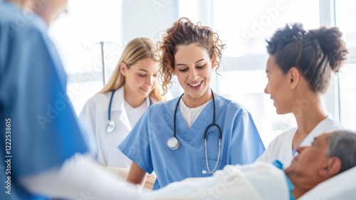 team of compassionate nurses and medical professionals attentively caring for patient in hospital setting, fostering supportive and healing environment