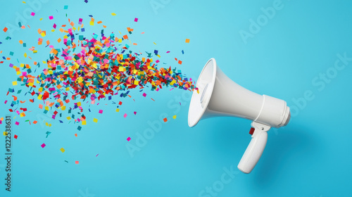 A colorful confetti explosion from a megaphone on a vibrant blue background.