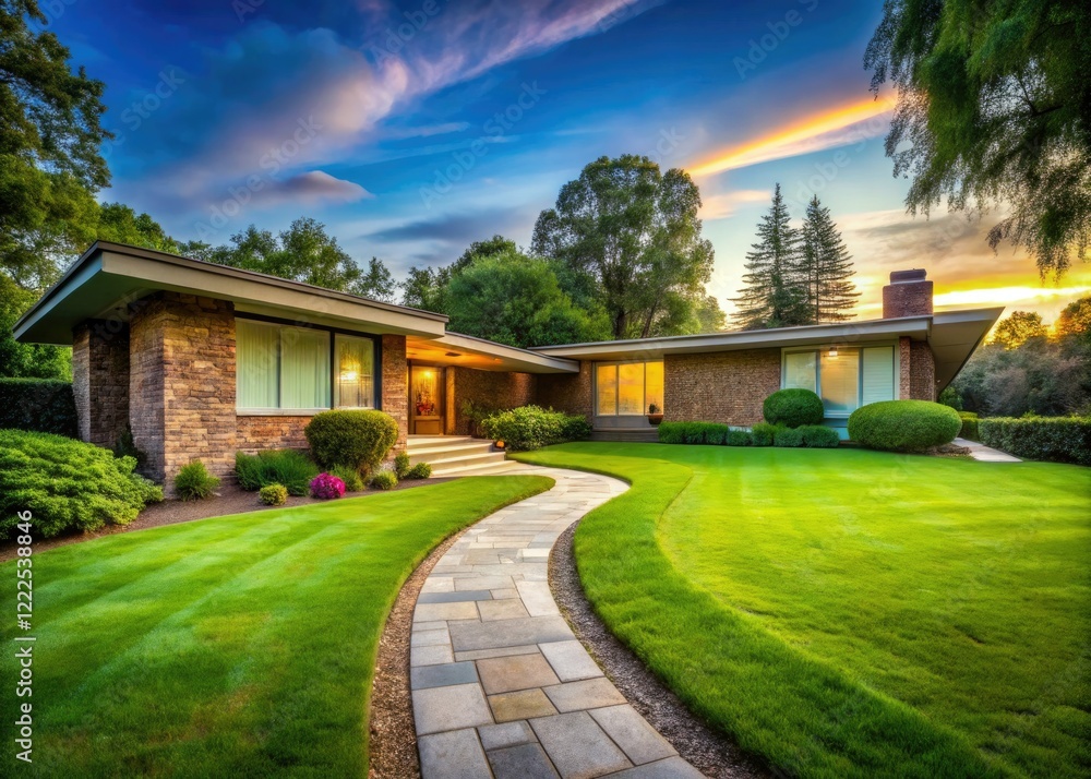 Fototapeta premium Classic mid-century ranch, brick facade, lush green lawn, and inviting stone pathway.