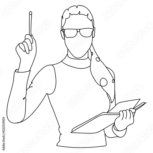 Dessin en ligne continu d'une femme portant des lunettes de face, en tenu professionnelle, métier de l'enseignement, présentation commerciale, line art, vecteur