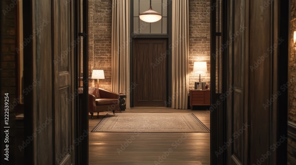 Cozy apartment hallway with leather chair, lamps, and brick walls. Cozy apartment hallway with leather chair, lamps, and brick walls.
