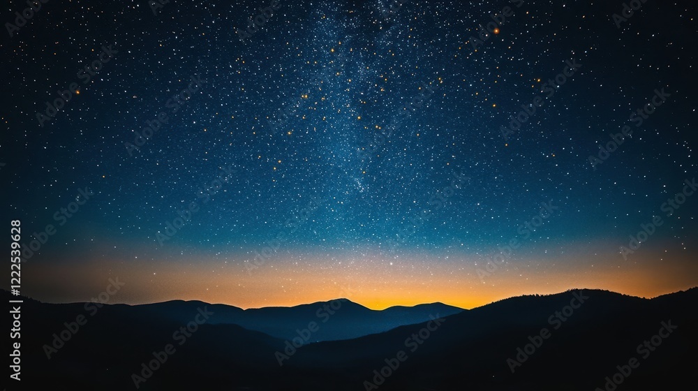 Majestic Starry Night Over Mountain Silhouettes with Glowing Horizon. Majestic Starry Night Over Mountain Silhouettes with Glowing Horizon.