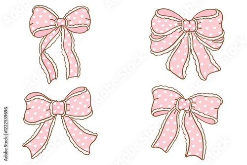 Whimsical Hand-Drawn Decorative pink Bow with heart pattern set . Vector Illustration