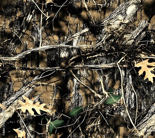 Camouflage seamless pattern. Forest real tree camouflage design. Hunting camouflage.