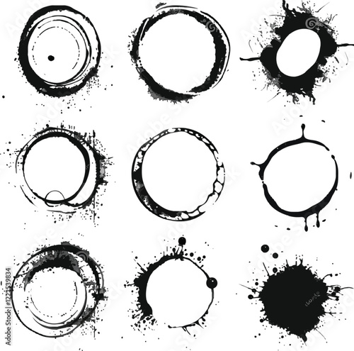 Black shapes of wine circle and coffee ring stains. Dirty splashes and spots Hand drawn tea or ink ring stains on white background. Vector illustration set.