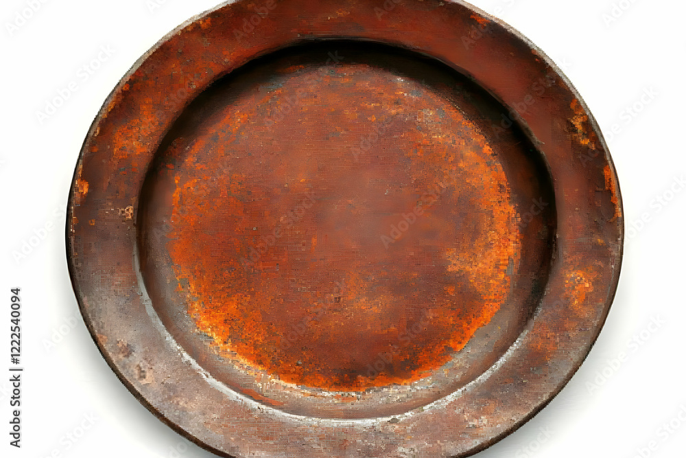 Rusty Oval Plate Shows Weathered Surface and Aged Patina, Isolated on White Background. Rusty Oval Plate Shows Weathered Surface and Aged Patina, Isolated on White Background.