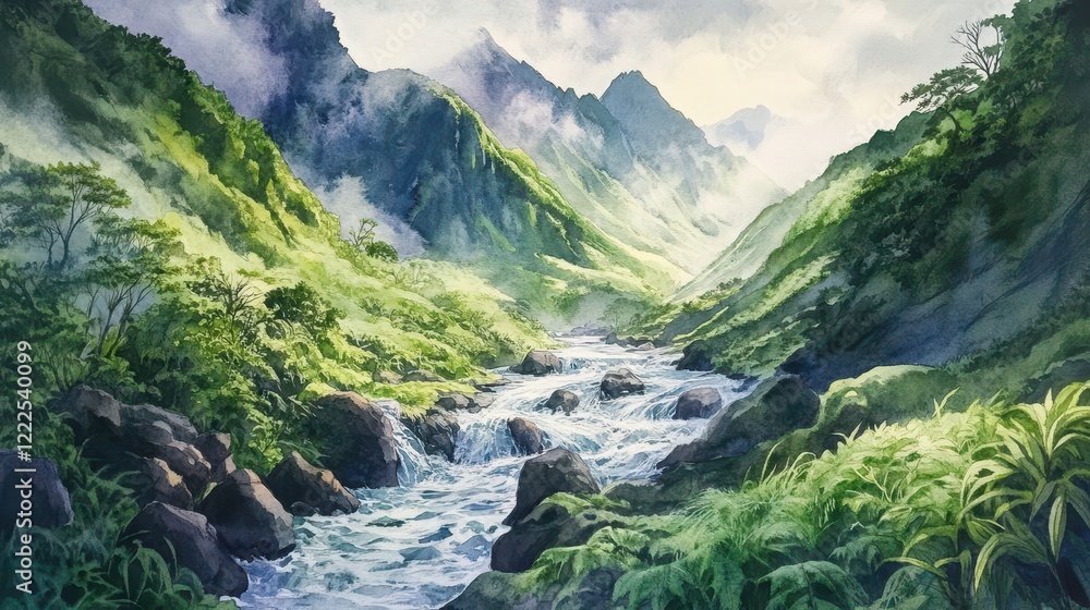 Serene Mountain Valley Watercolor Landscape with Rushing Stream and Lush Greenery. Serene Mountain Valley Watercolor Landscape with Rushing Stream and Lush Greenery.