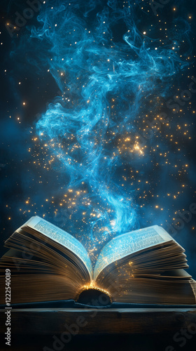 Book of magic opened, sky blue background