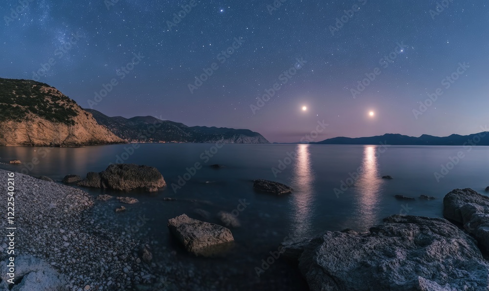 Serene Night Seascape with Glowing Full Moon and Starry Sky Reflection, Generative AI Serene Night Seascape with Glowing Full Moon and Starry Sky Reflection, Generative AI