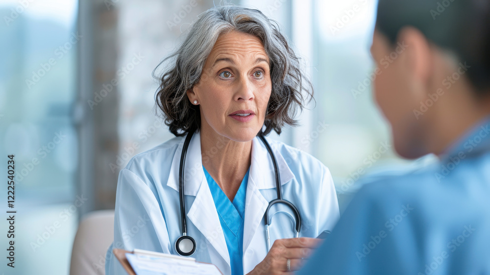 senior female doctor with stethoscope discusses patient condition with colleague in professional medical setting, emphasizing care and collaboration