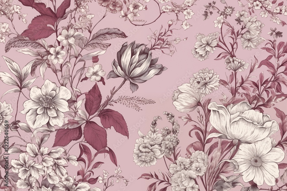 Obraz premium Vintage floral illustration with delicate flowers and botanical details in soft pastel tones on a textured background