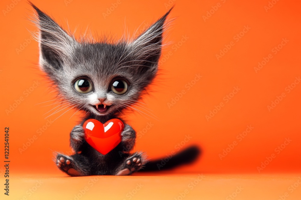 Obraz premium Lykoi - my preferred cat. Marketing creative image. Cute lykoi young cat with diamond red heart - emblem of love, funny greeting card. Red ribbon kitten. Love concept photo. Adorable kitten.