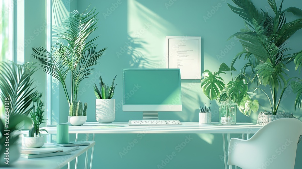Fototapeta premium A computer monitor sits on a desk in front of a green wall