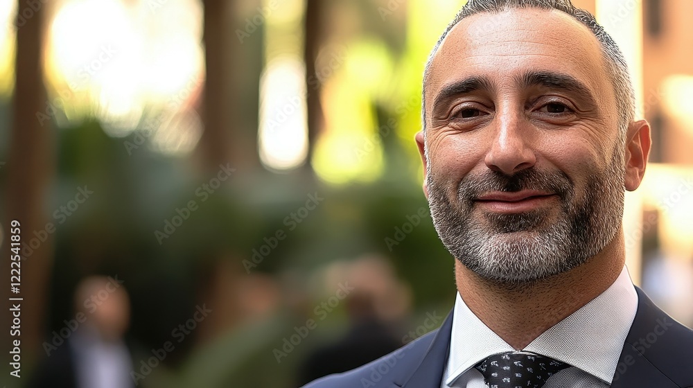 A well-dressed man with a beard smiles confidently while attending a business event. The backdrop features greenery and people mingling in a vibrant atmosphere A well-dressed man with a beard smiles confidently while attending a business event. The backdrop features greenery and people mingling in a vibrant atmosphere
