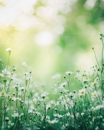 Dreamy Summer Meadow Field of White Daisies with Soft Green Bokeh Background.