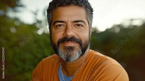 A man with a neatly trimmed beard is smiling warmly while seated in an outdoor environment. The soft light during golden hour highlights his features and creates a serene atmosphere