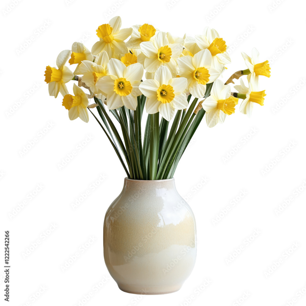 Elegant glass vase filled with vibrant yellow daffodils, isolated on a transparent background. Perfect for floral designs, spring themes, and decorative projects. Elegant glass vase filled with vibrant yellow daffodils, isolated on a transparent background. Perfect for floral designs, spring themes, and decorative projects.