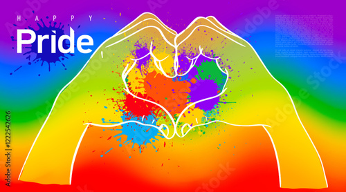 Rainbow gradient in the colors of the LGBT pride 2025 flag. Banner for pride month with heart-shaped hands and brush stroke, colorful splash. A symbol of pride 2025 and June support background vector.