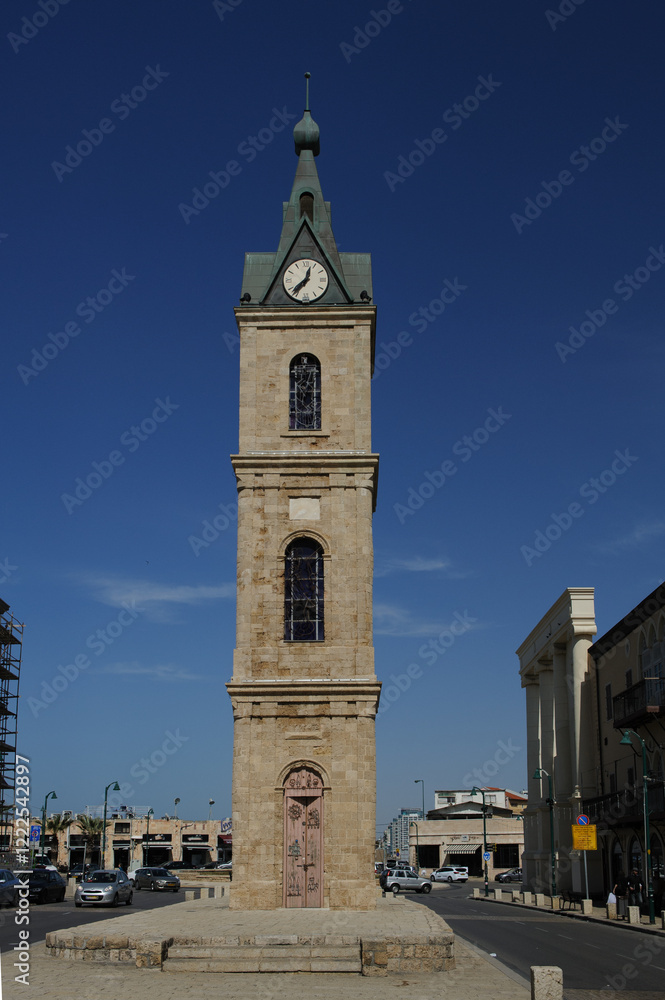 Obraz premium Daylight view of the historic Jaffa Clock Tower in the Old City of Tel Aviv-Yafo, Israel.