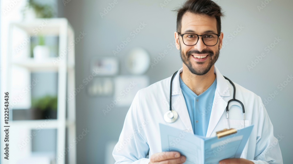 smiling male doctor in white coat holding clipboard, standing in bright medical office with shelves and medical equipment in background smiling male doctor in white coat holding clipboard, standing in bright medical office with shelves and medical equipment in background