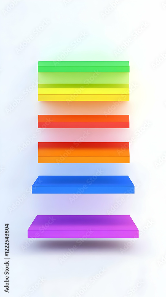 Six Colorful Floating Shelves Create a Vibrant Display on a White Wall Six Colorful Floating Shelves Create a Vibrant Display on a White Wall